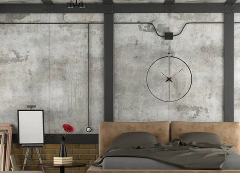 Loft-Stil Schalfzimmer mit Betonwänden und minimalistischer Deko.