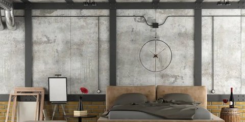 Loft-Stil Schalfzimmer mit Betonwänden und minimalistischer Deko.