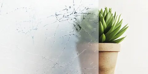 Links: Designglas mit satinierter Oberfläche und rissartigem, unregelmäßigem Muster, das den Blick auf die Pflanze verzerrt. Rechts: Klare Sicht auf die Pflanze.